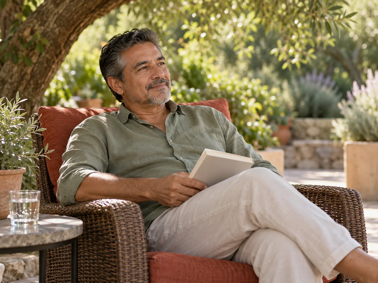 A man relaxing on a shaded patio with a book and a glass of water nearby.