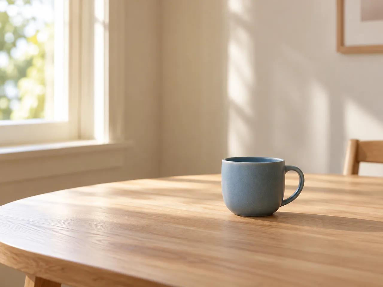 A single blue ceramic cup on a wooden table in a quiet sunlit room.