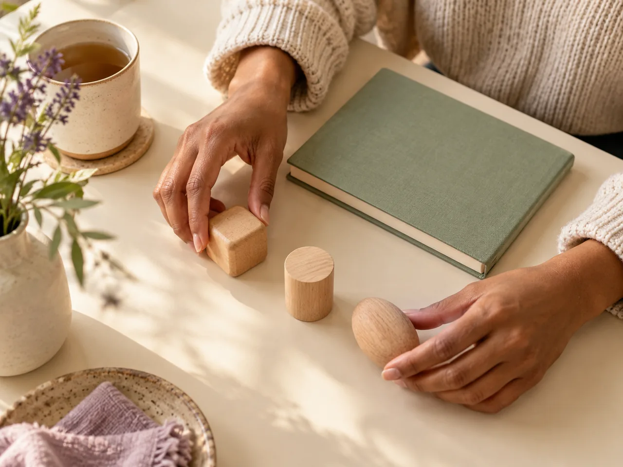 A person sorts three neutral wooden objects beside a notebook, an ordinary pause without diagnostic symbolism