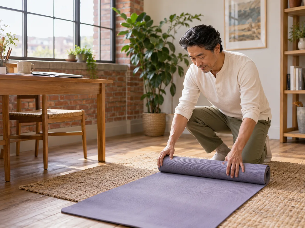 A man unrolling an exercise mat beside a desk during a break.