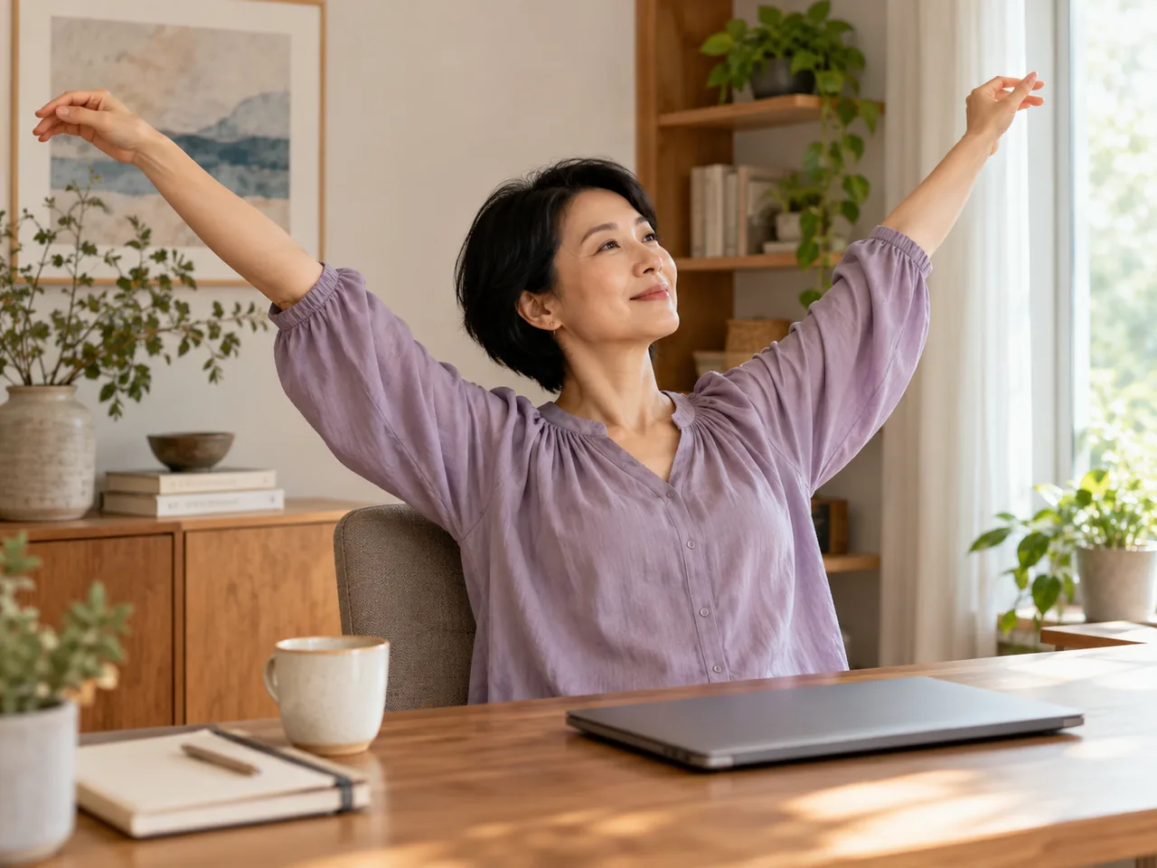A woman gently stretching her arms after closing her laptop.