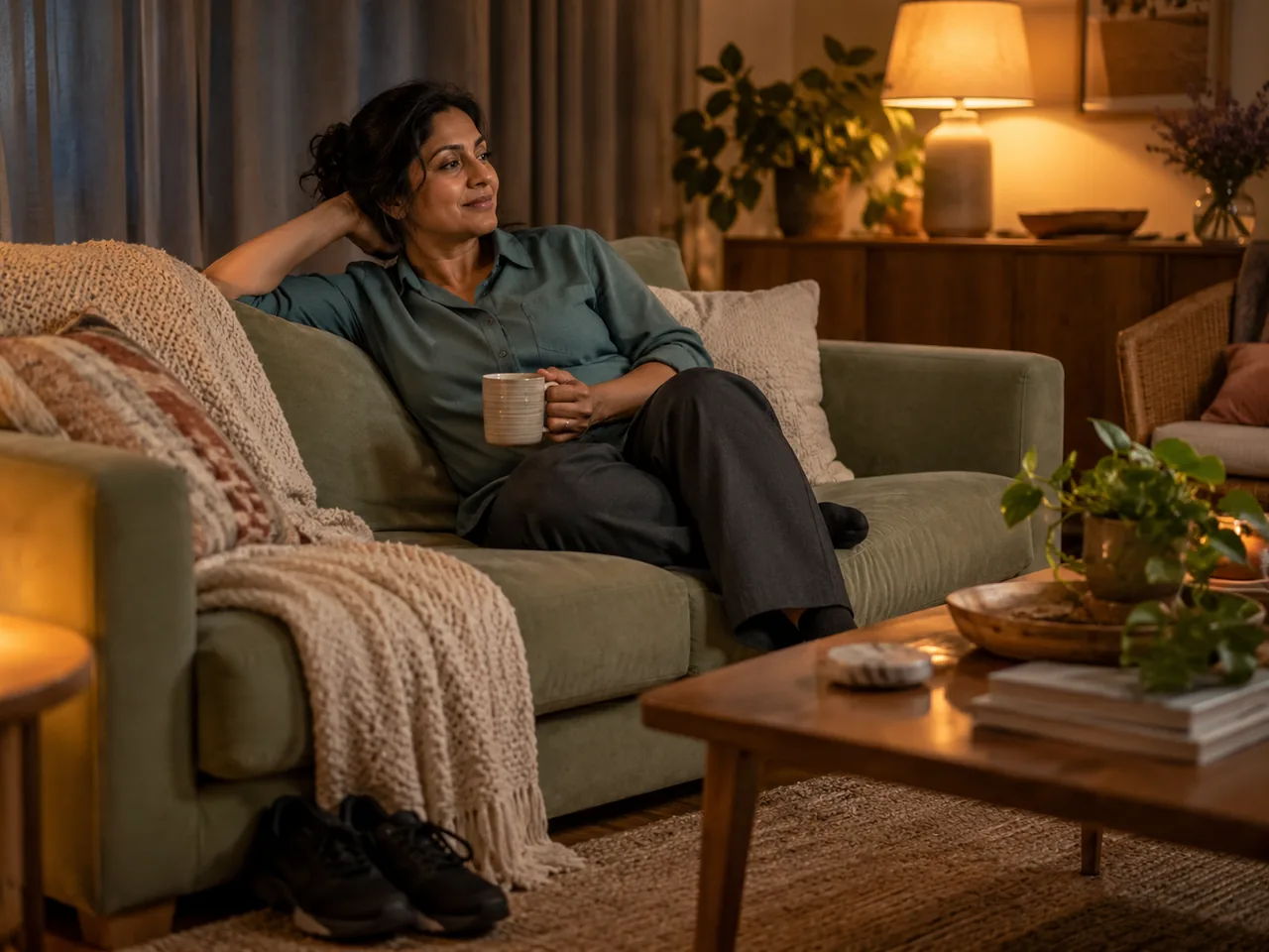 A shift worker in plain work clothing relaxes in a dim room after returning home, no medical claims