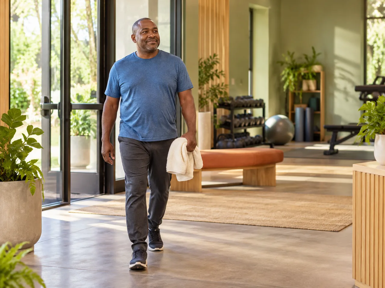 A man walking into a bright gym carrying a towel