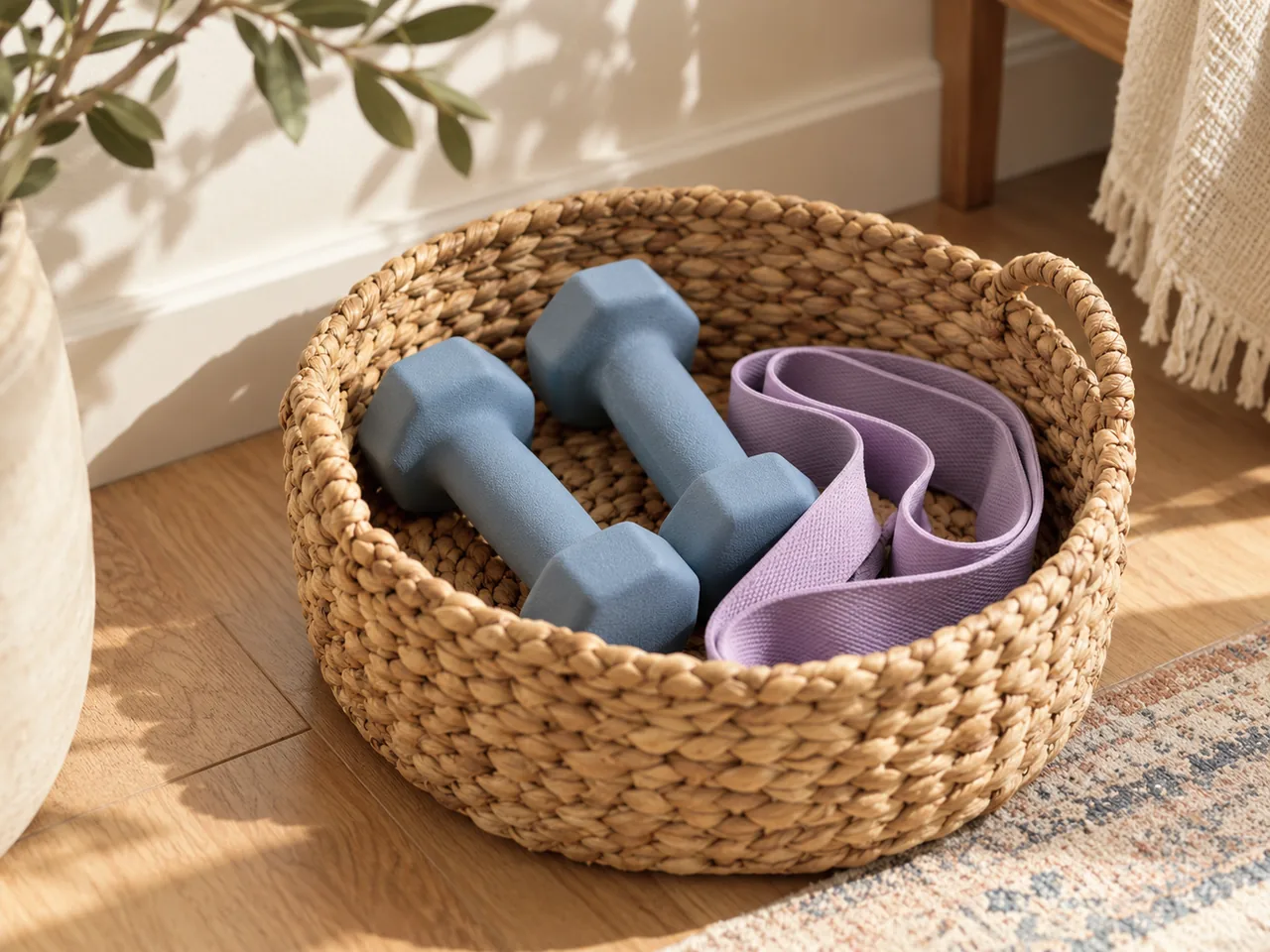 Close-up of a resistance band and two small dumbbells stored in a woven home basket
