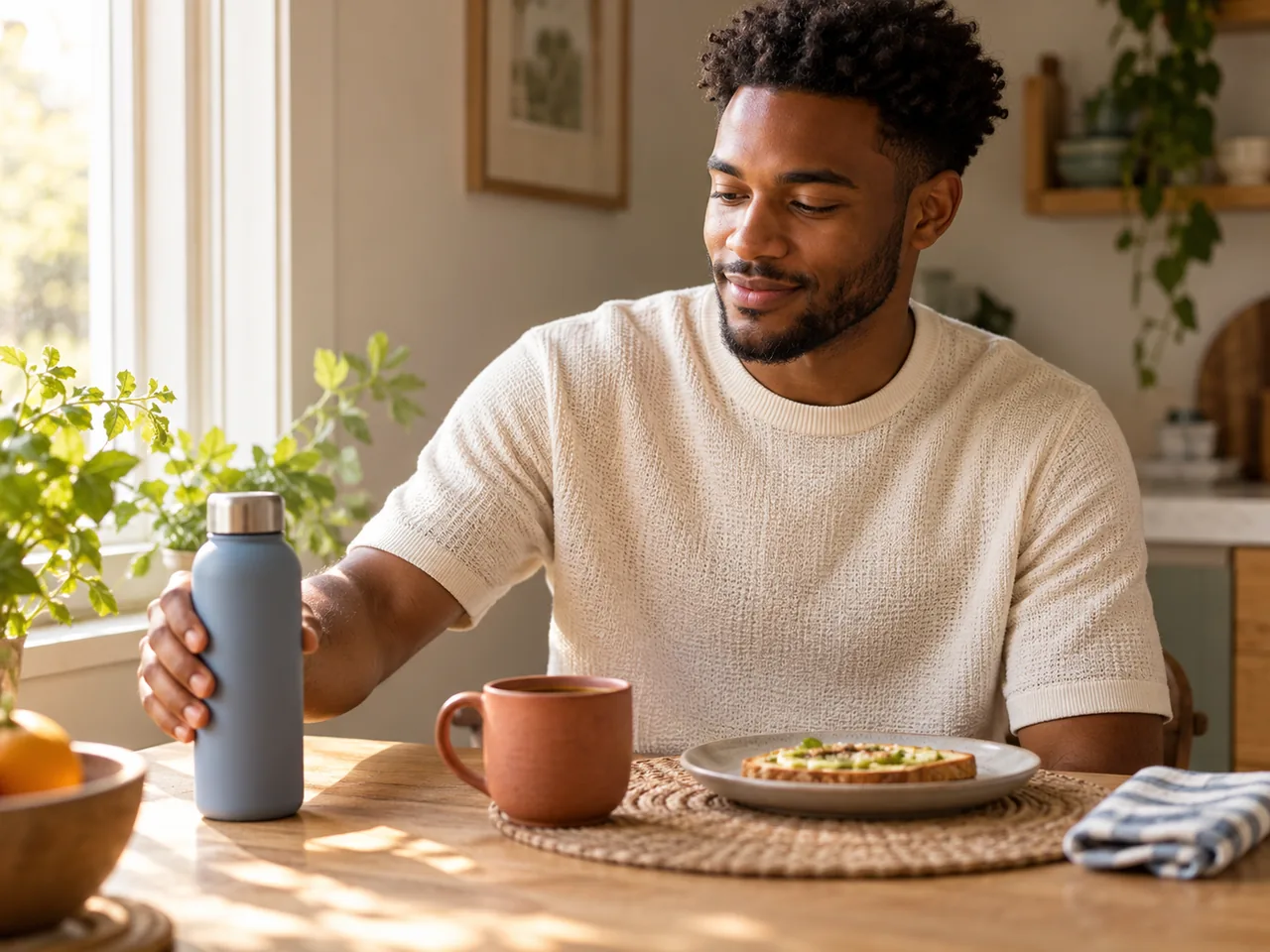 A man placing a water bottle beside his breakfast mug.
