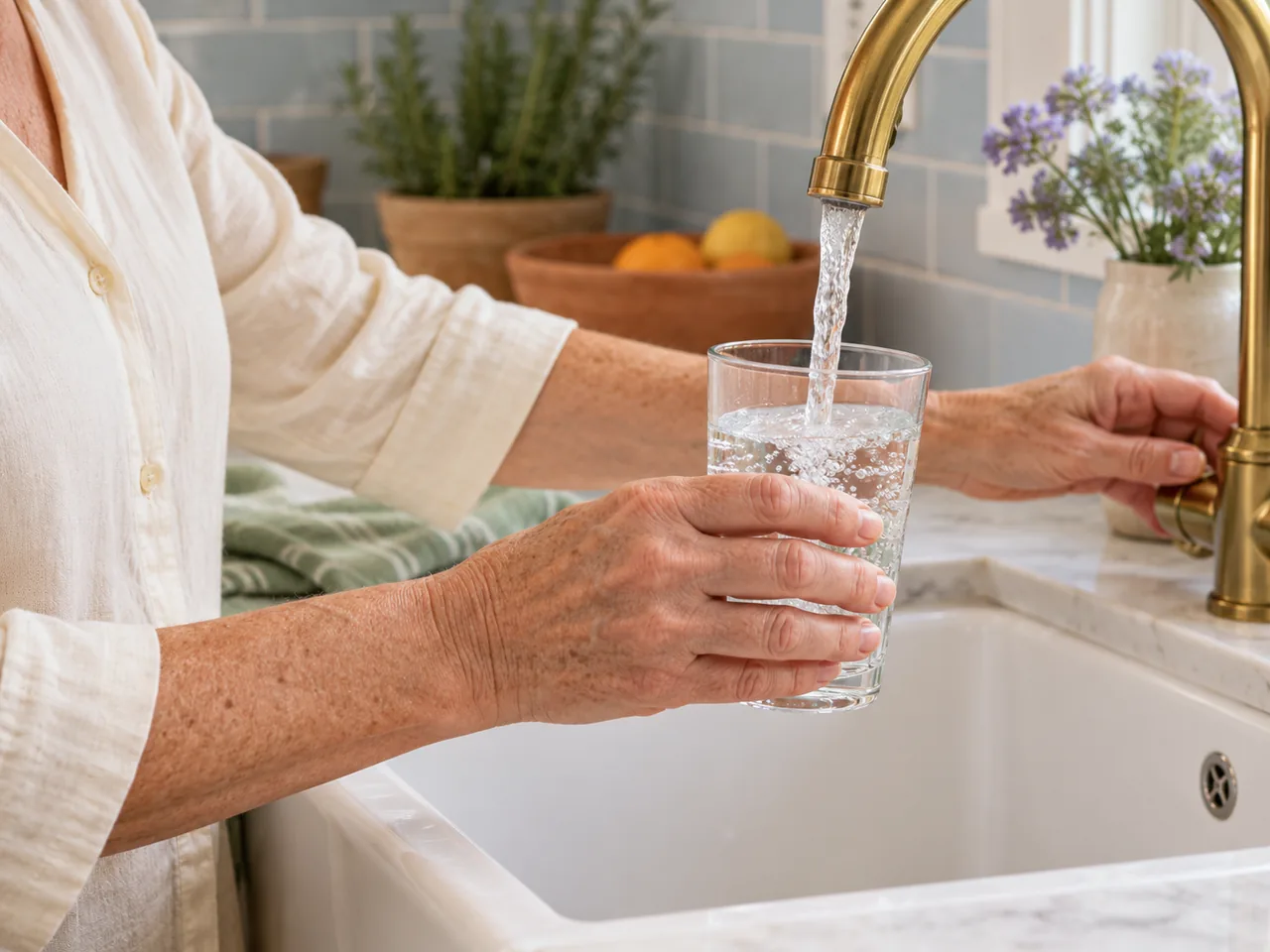 An older adult filling a glass with tap water at a kitchen sink