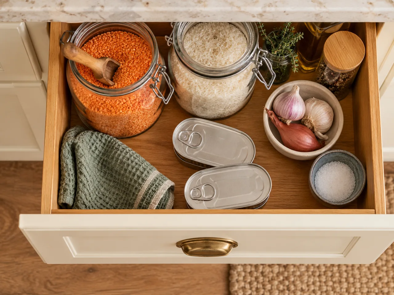 An open pantry drawer with lentils, rice and plain canned fish