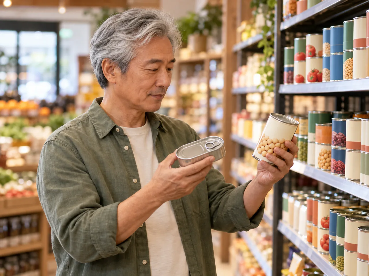 A shopper comparing canned fish and beans in a grocery aisle