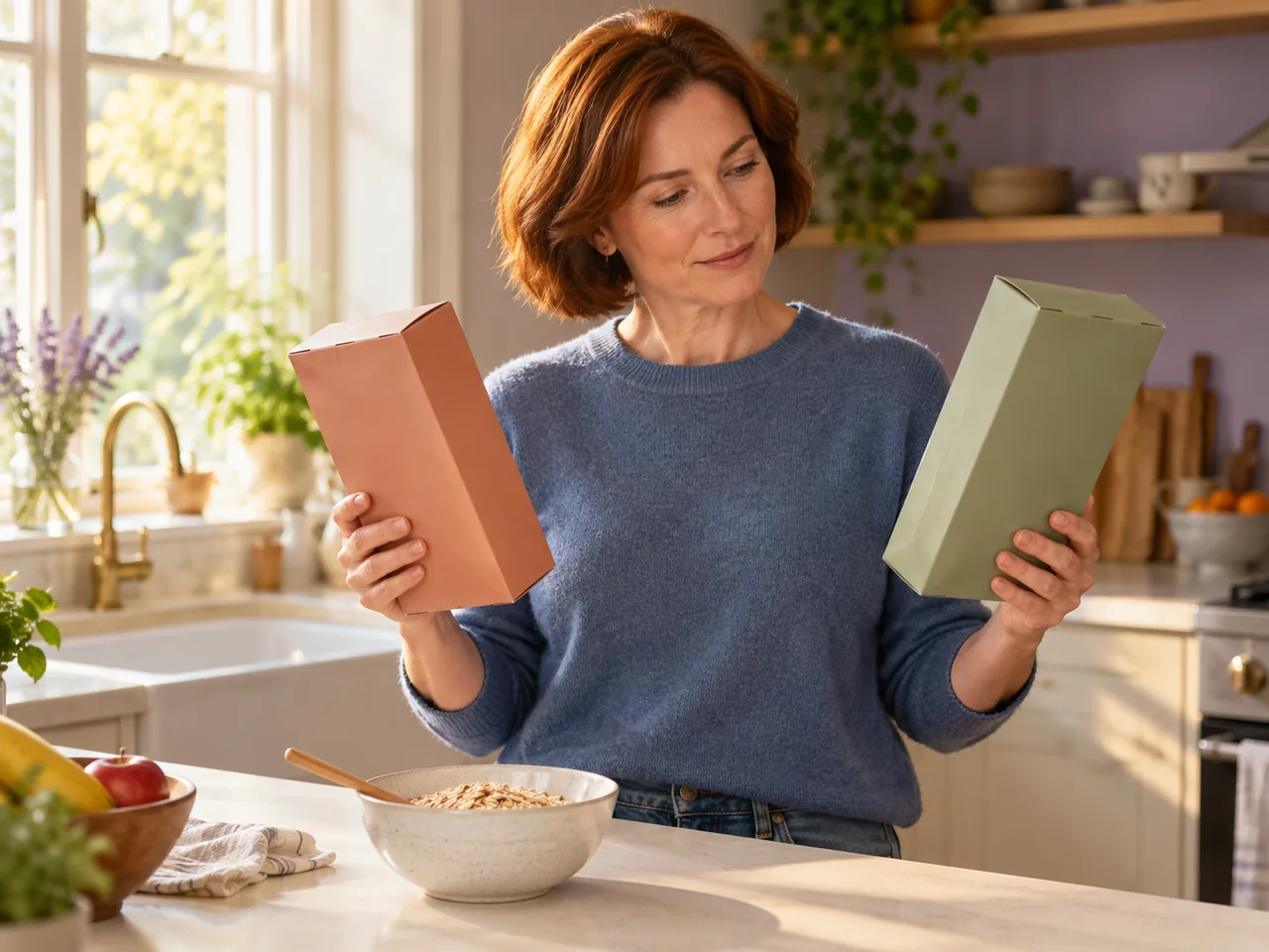 A woman comparing two cereal packages at a breakfast counter