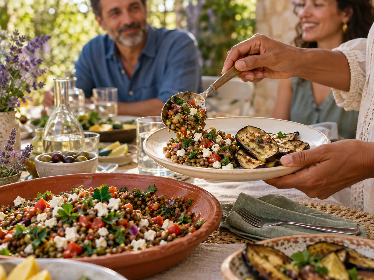 Hands serving lentil salad beside roasted eggplant at an outdoor meal
