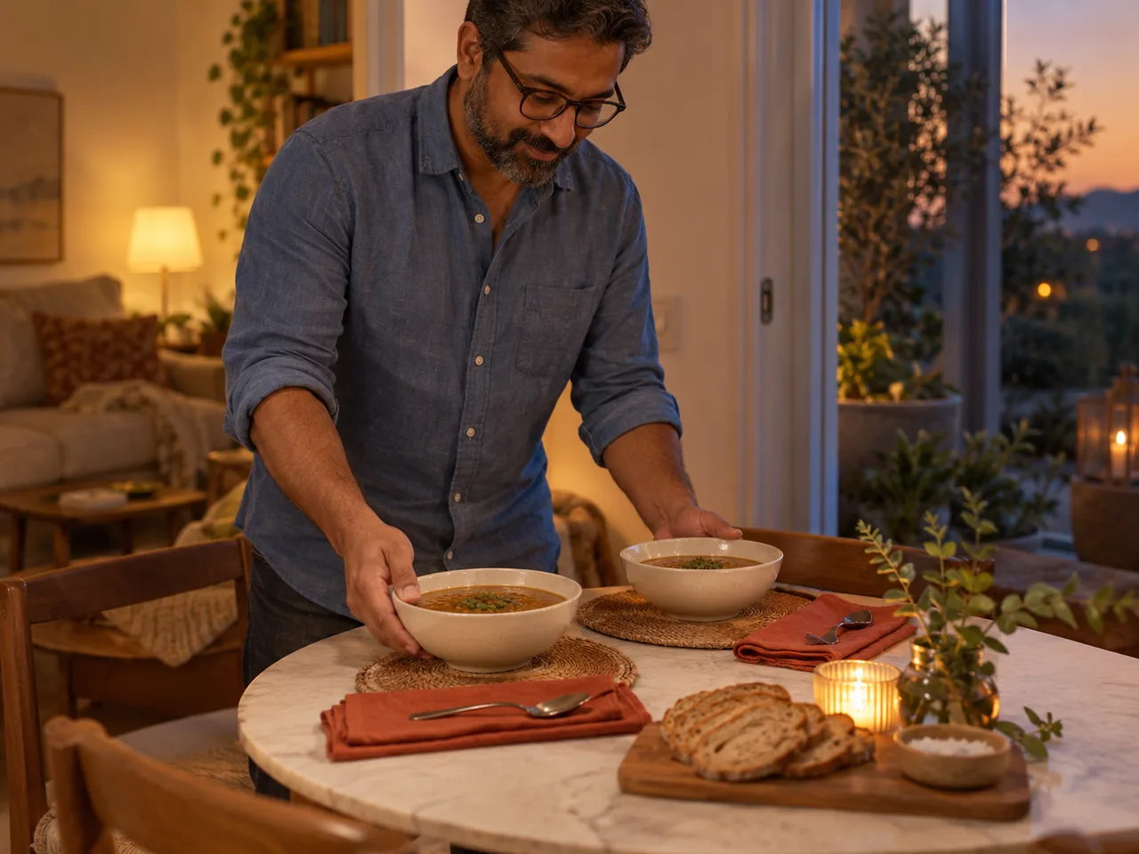 A man placing two bowls of lentil soup on an evening table.
