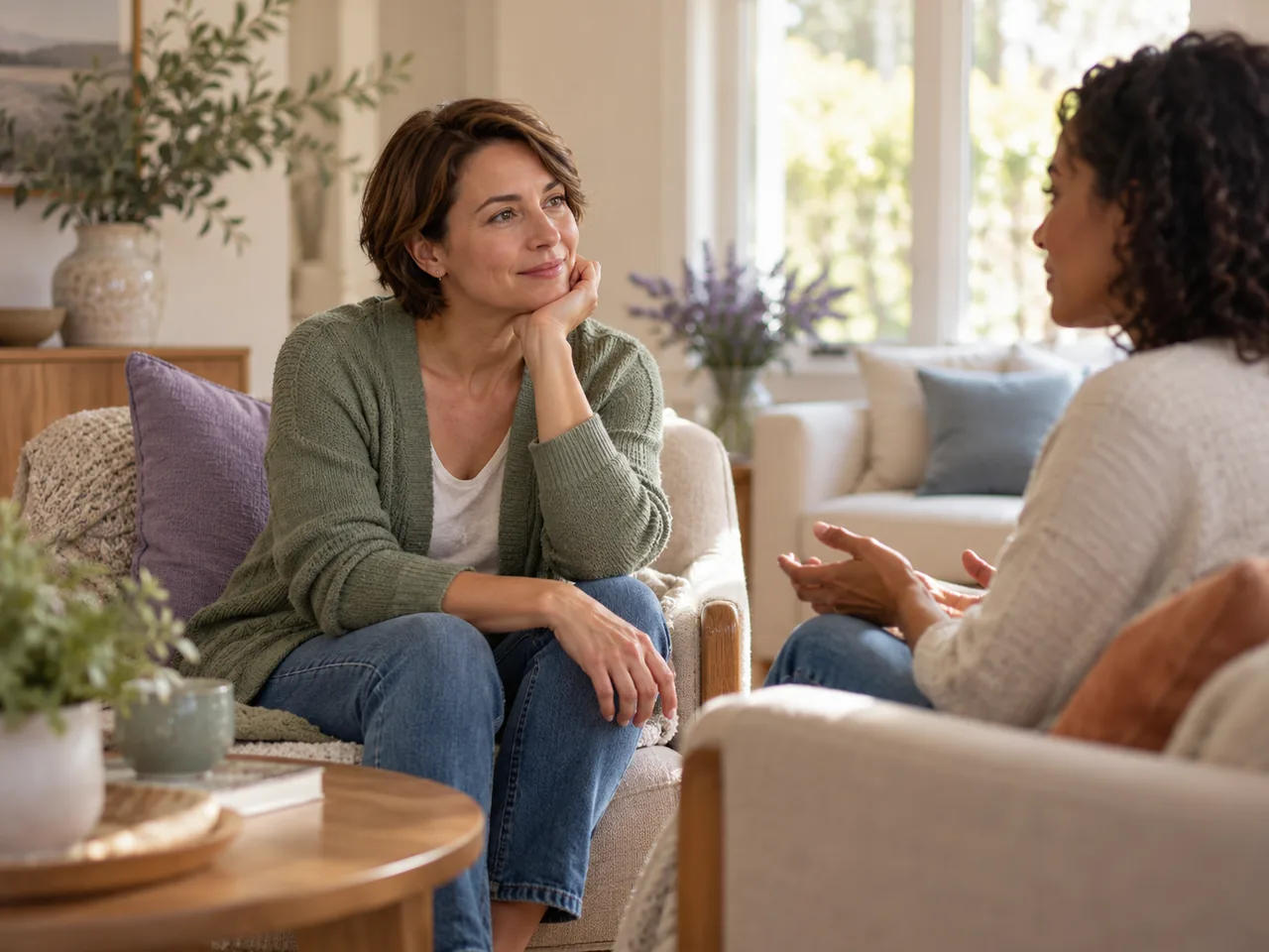 A woman listens during a supportive conversation with another adult in a quiet living room