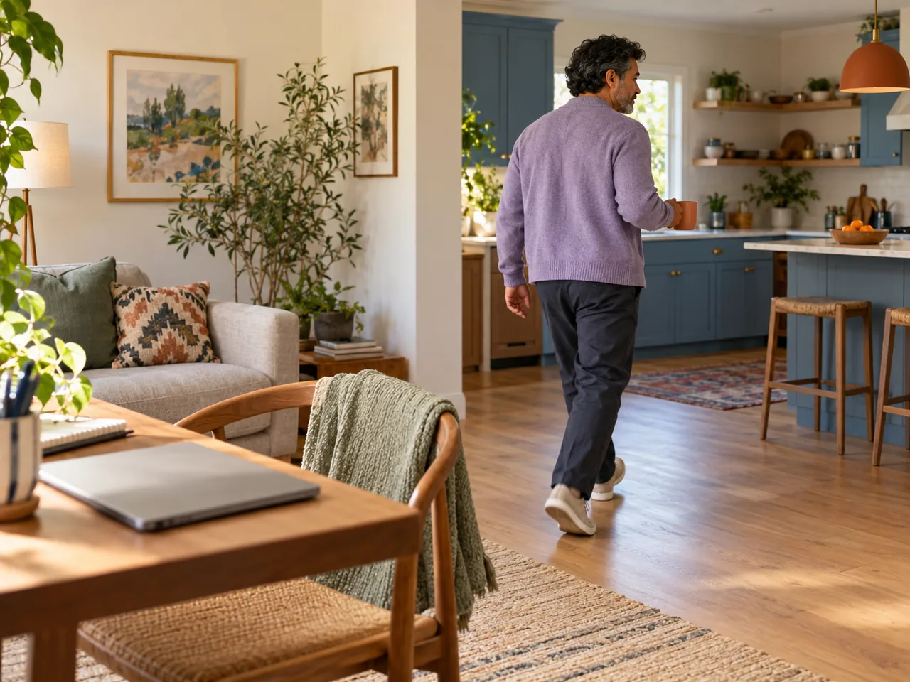 A remote worker carrying a mug from his desk toward the kitchen