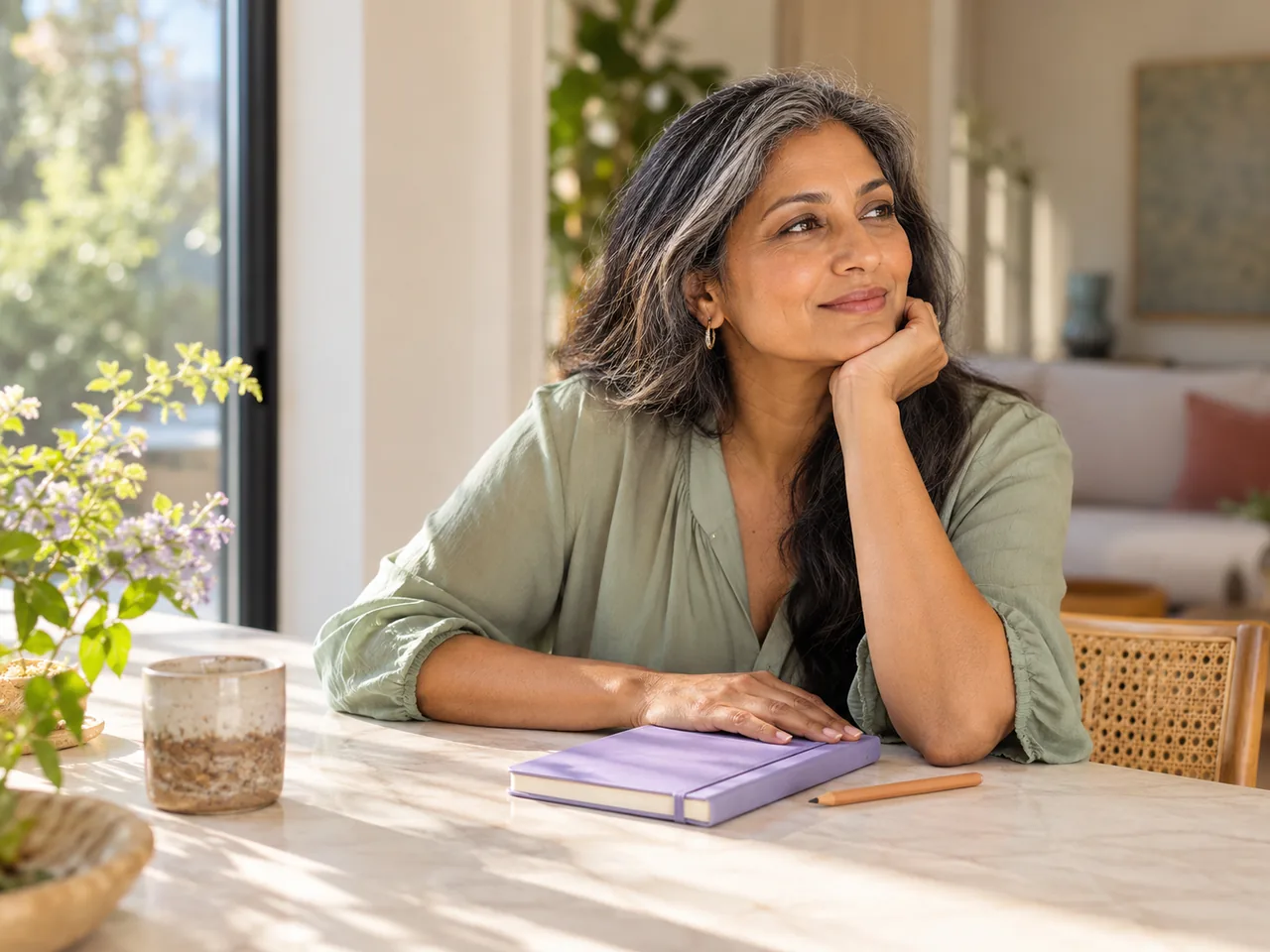 A woman pausing at a sunlit table with a closed notebook and pencil.